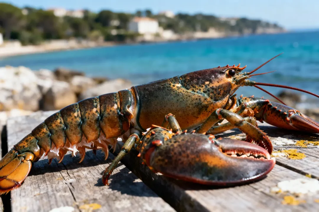 Homard sur une table en bois, bord de mer bleu en arrière-plan.
