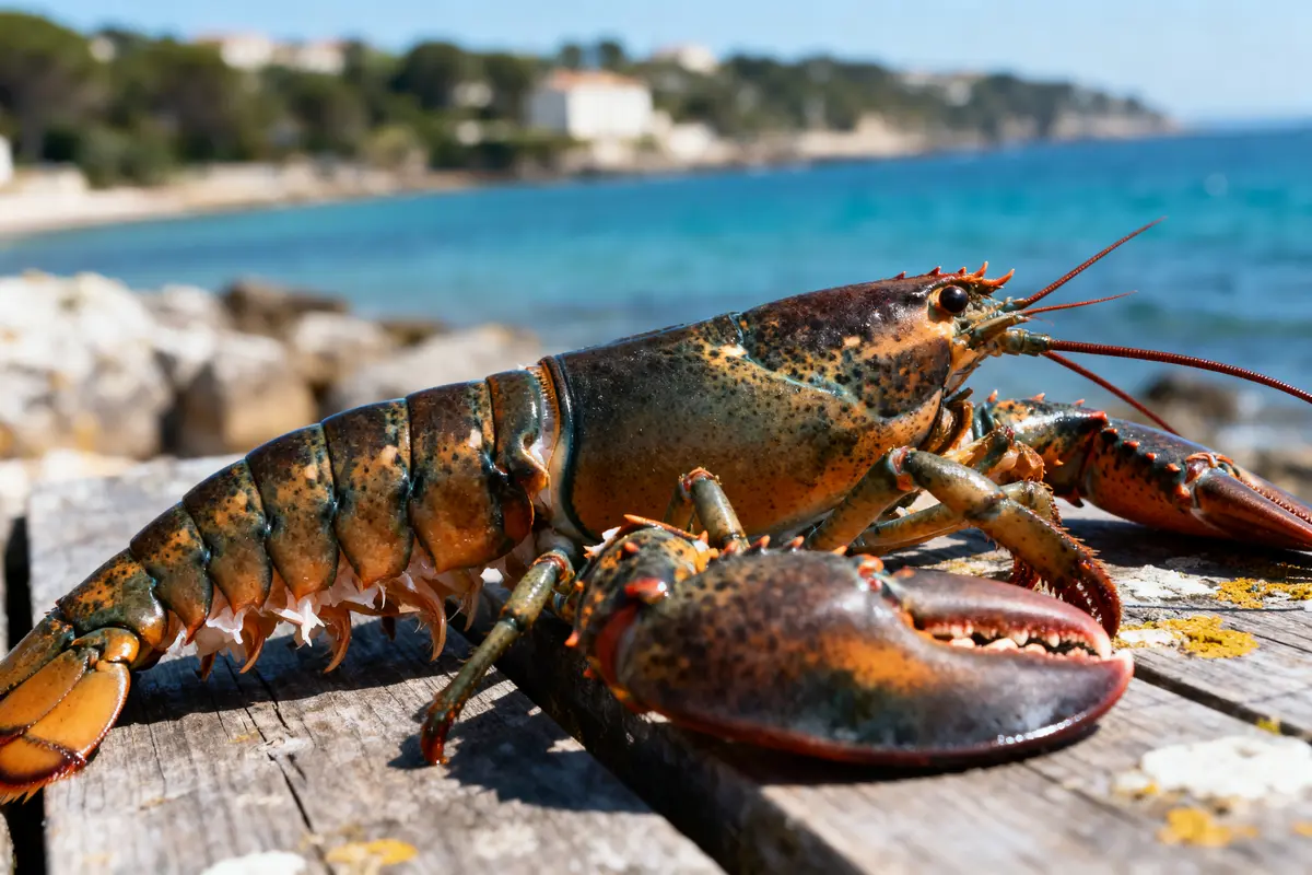 Homard sur une table en bois, bord de mer bleu en arrière-plan.