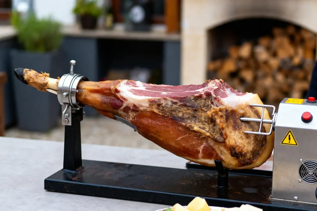 Jambon entier monté sur support de découpe, arrière-plan flou, ambiance extérieure.