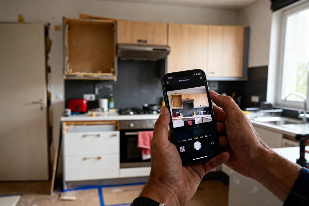 Personne photographiant une cuisine en rénovation avec un smartphone, montrant des placards ouverts et électroménagers.