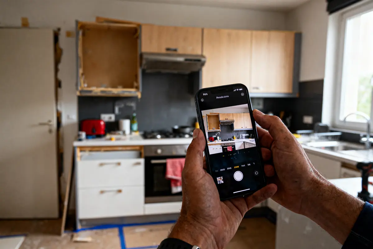 Personne photographiant une cuisine en rénovation avec un smartphone, montrant des placards ouverts et électroménagers.