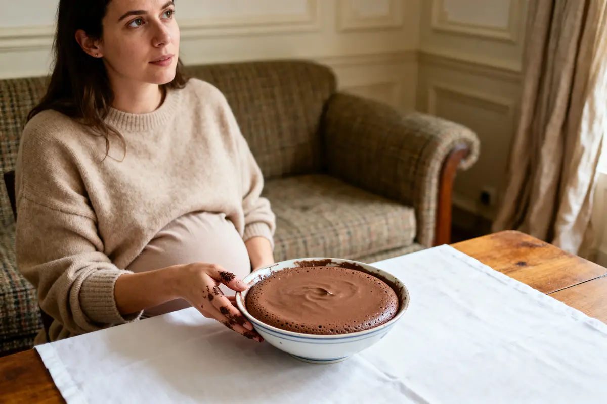 Femme enceinte tenant bol de mousse au chocolat, assise à table, canapé en arrière-plan.