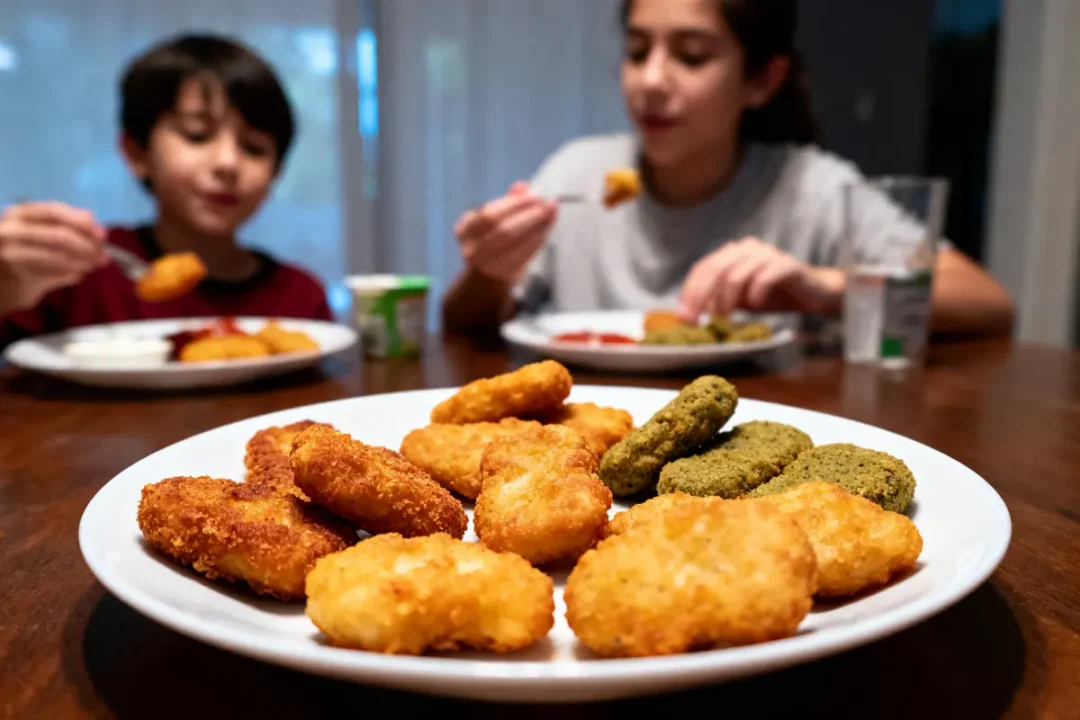 Assiette de nuggets variés au premier plan, deux enfants mangent à table en arrière-plan.
