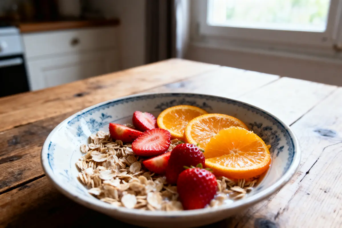 Bol de céréales avec fraises et tranches d'orange sur une table en bois, lumière naturelle.