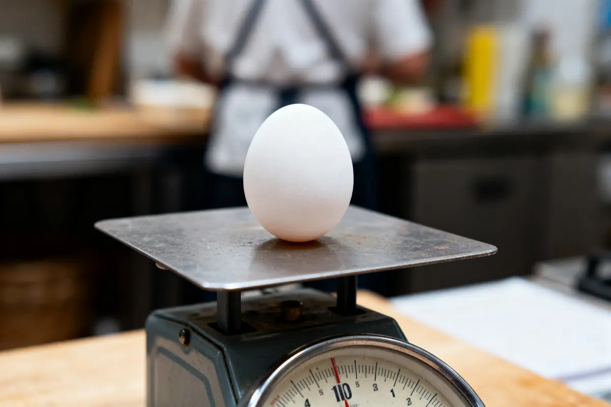 Un œuf posé sur une balance mécanique dans une cuisine, arrière-plan flou avec une personne.