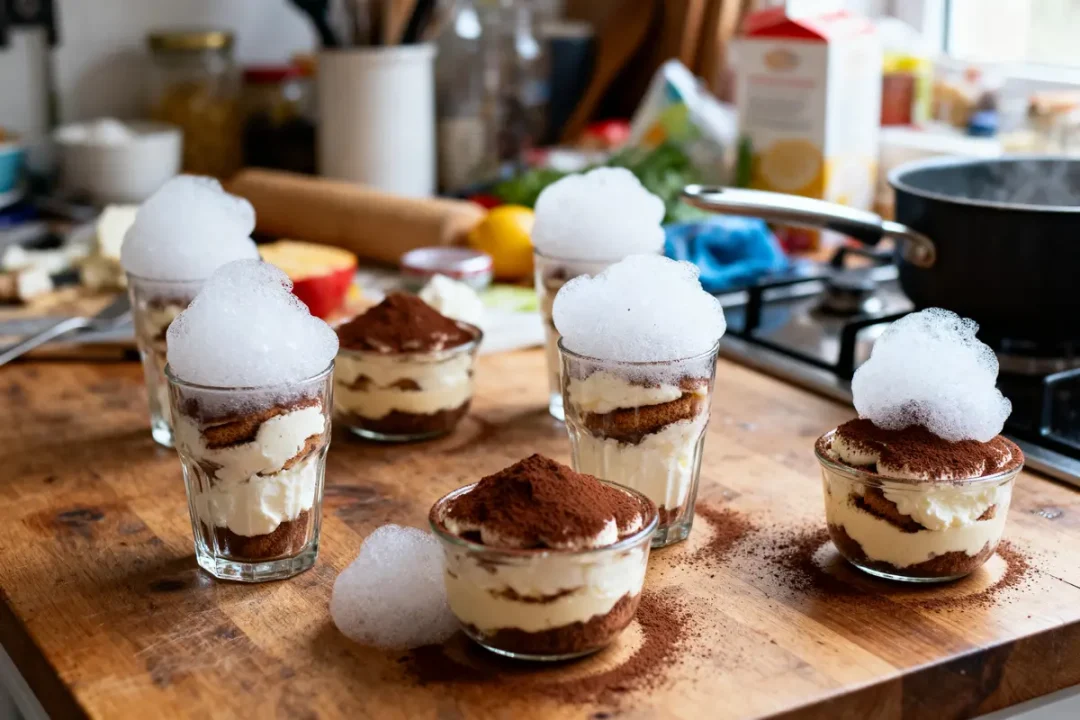 Verrines de tiramisu sur table en bois, avec mousse blanche au-dessus. Arrière-plan de cuisine désordonnée.