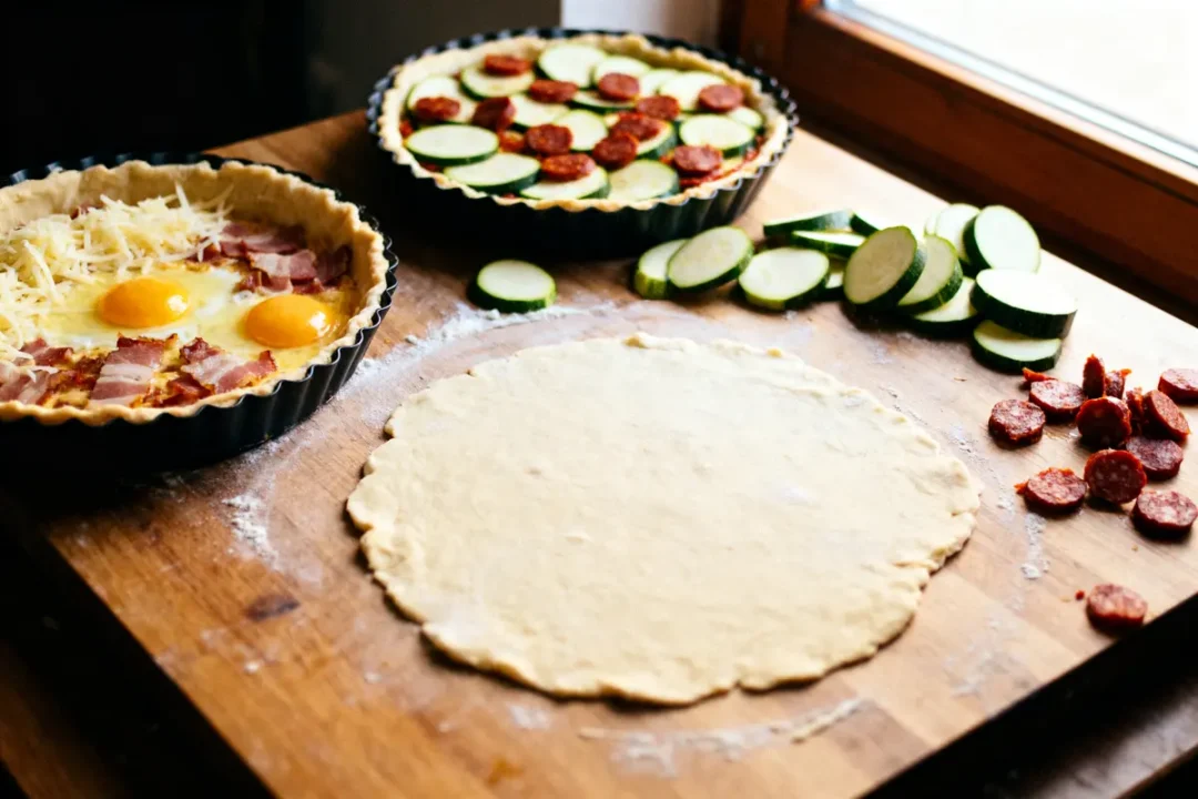 Pâtes à tarte préparées avec garnitures: courgettes, pepperoni, œufs, lardons, fromage sur planche en bois.