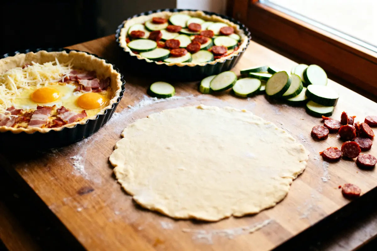 Pâtes à tarte préparées avec garnitures: courgettes, pepperoni, œufs, lardons, fromage sur planche en bois.
