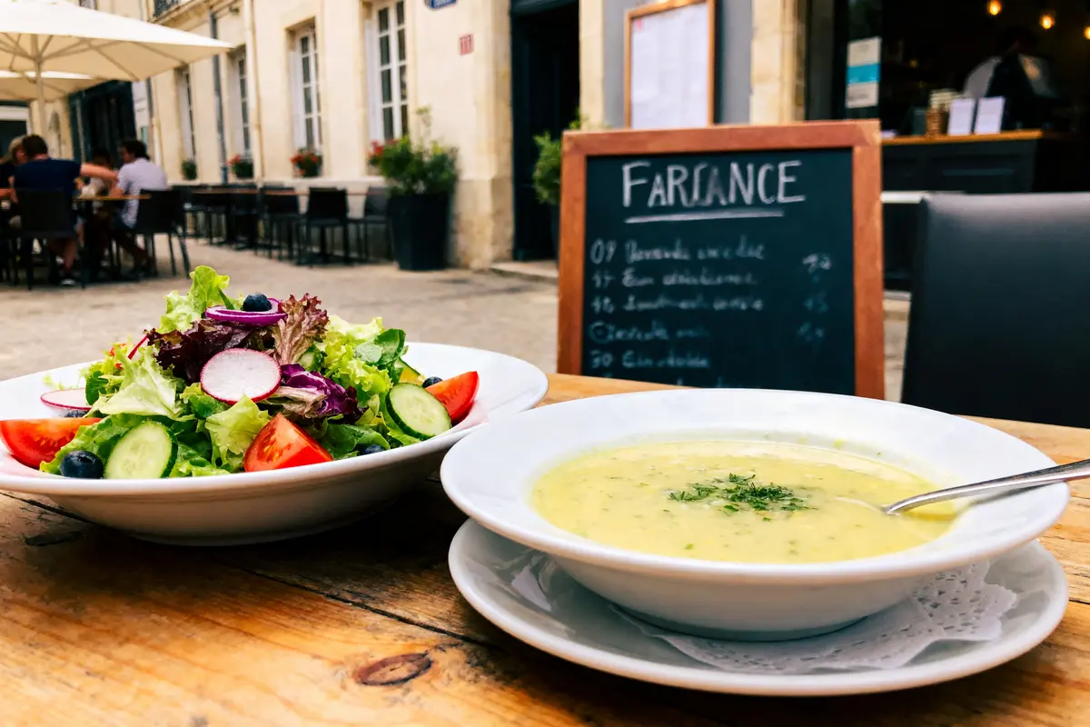 Salade colorée et soupe sur table en extérieur devant un café français. Ardoise avec menu visible.
