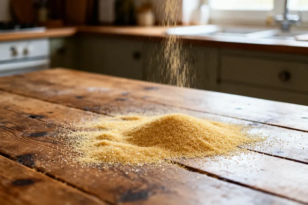 Grains dorés s'accumulant sur une table en bois dans une cuisine lumineuse.