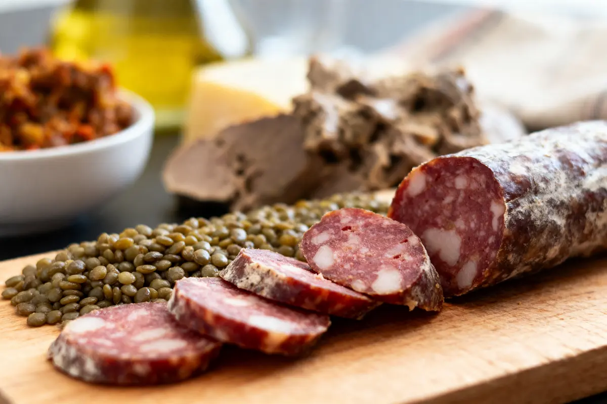 Assiette de saucisson tranché, lentilles, tapenade, huile et fromage sur planche en bois.