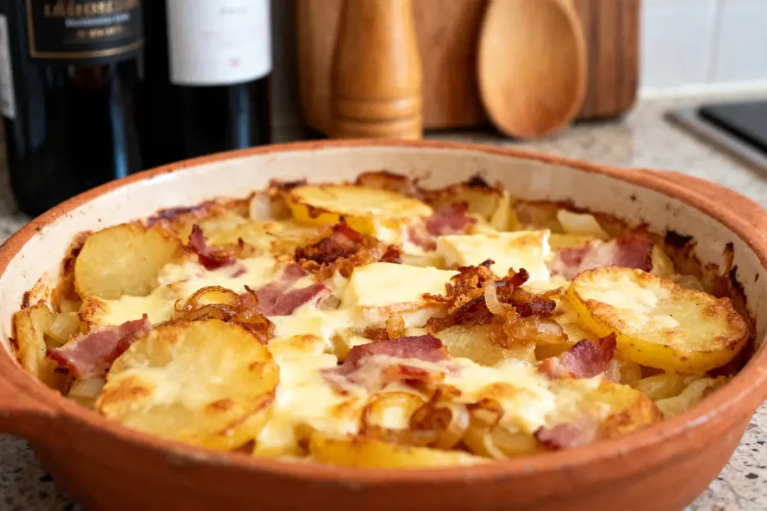 Plat de pommes de terre gratinées avec fromage et lardons, posé sur un comptoir de cuisine.