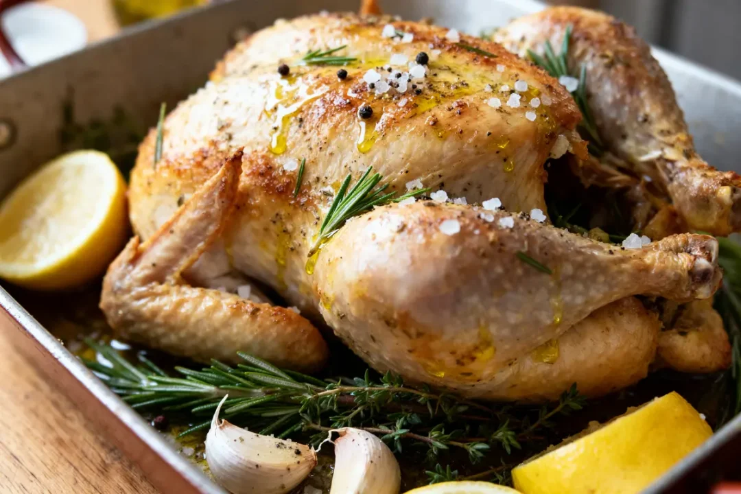 Poulet rôti avec romarin, citron, ail, assaisonné de sel et poivre, dans un plat de cuisson.