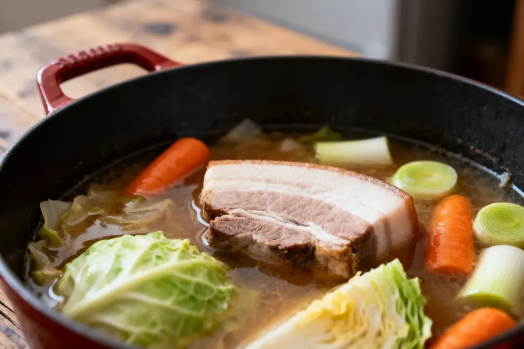 Plat de pot-au-feu dans une casserole avec chou, carrotte, poireau et porc en cuisson.