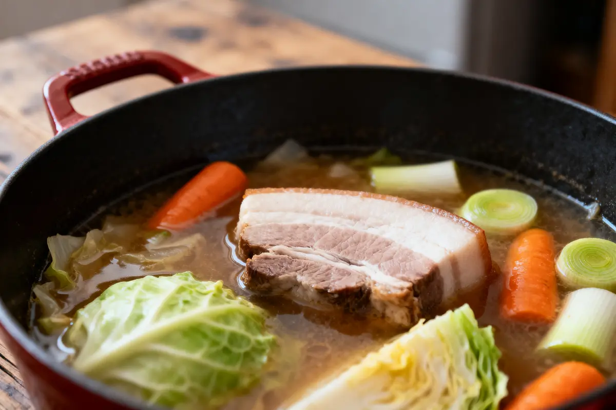 Plat de pot-au-feu dans une casserole avec chou, carrotte, poireau et porc en cuisson.