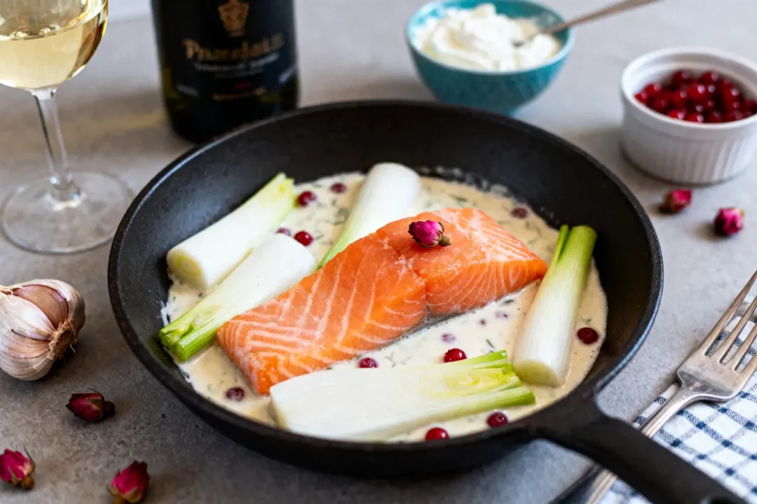 Poêlée de saumon, poireaux et airelles, sauce crémeuse, accompagnée d'ail, vin, fromage blanc.