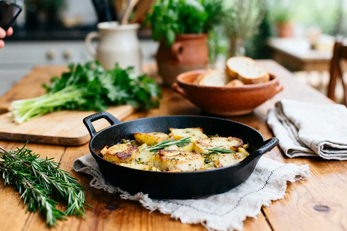 Plat de pommes de terre dorées dans une poêle en fonte sur table en bois avec herbes fraîches.
