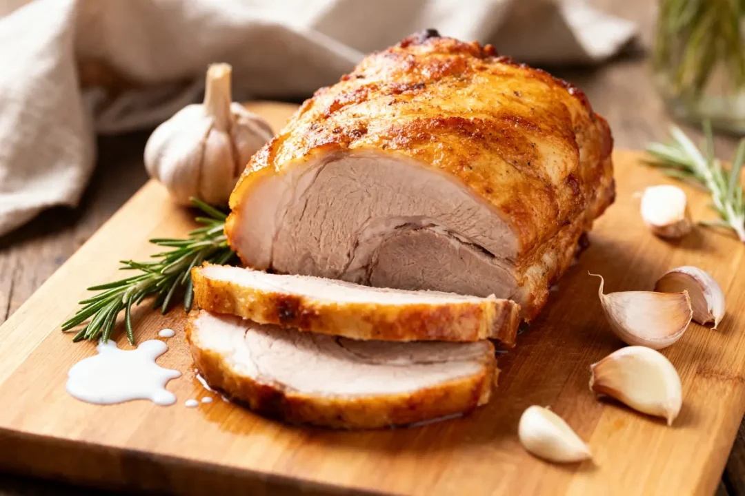 Rôti de viande grillé sur planche bois, entouré d'ail et romarin, tranché.