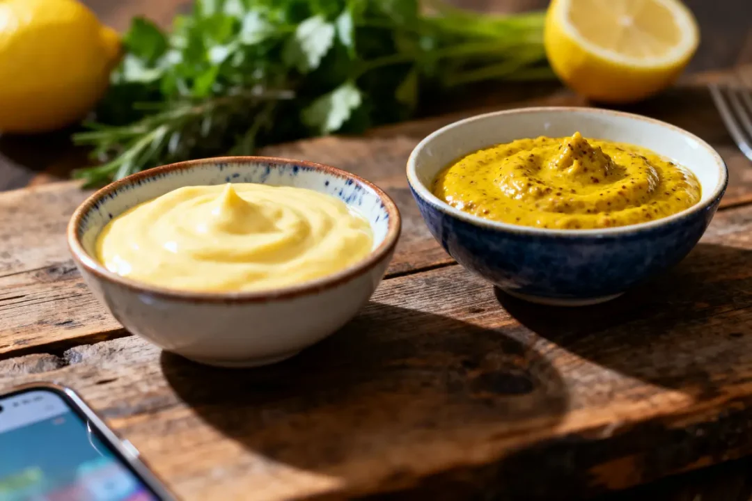 Deux bols de moutarde et mayonnaise sur table en bois, avec citron et herbes en arrière-plan.