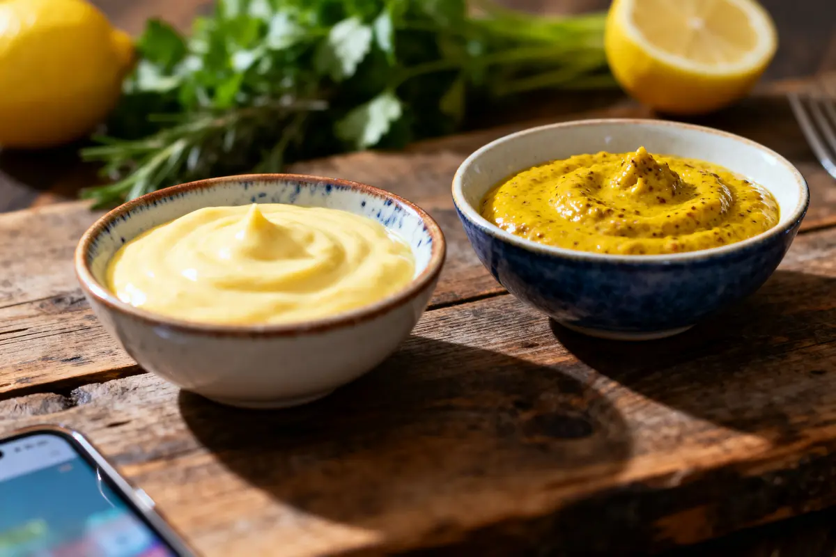 Deux bols de moutarde et mayonnaise sur table en bois, avec citron et herbes en arrière-plan.