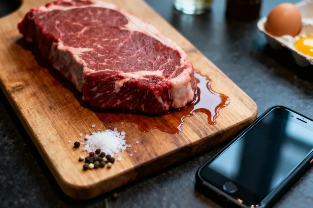 Steak cru sur planche en bois avec sel, poivre, téléphone et œuf à côté.