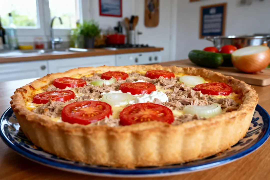 Quiche garnie de tomates, oignons, thon et crème, posée sur une table en bois dans une cuisine.