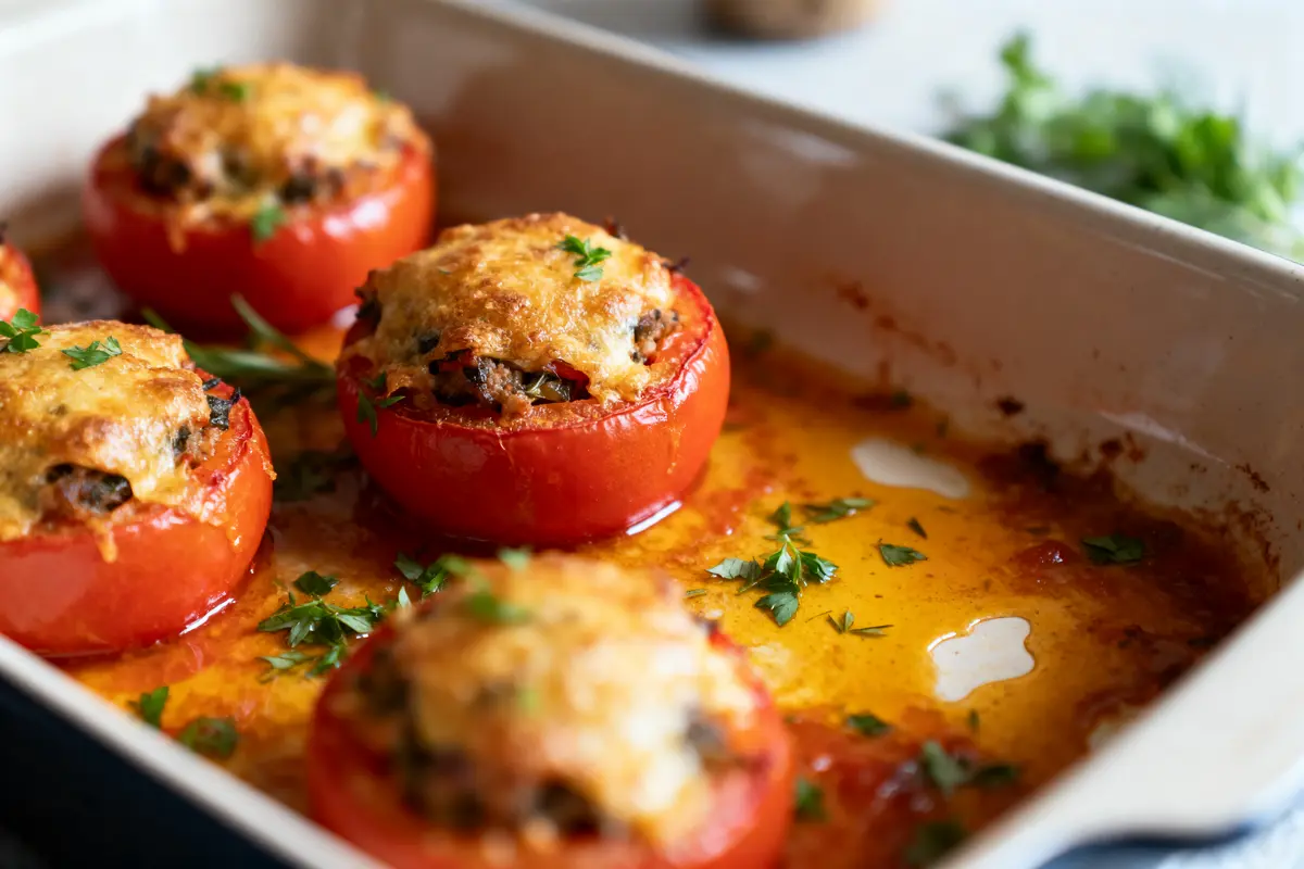 Tomates farcies au four, garnies de fromage fondu et persil, dans un plat en céramique.
