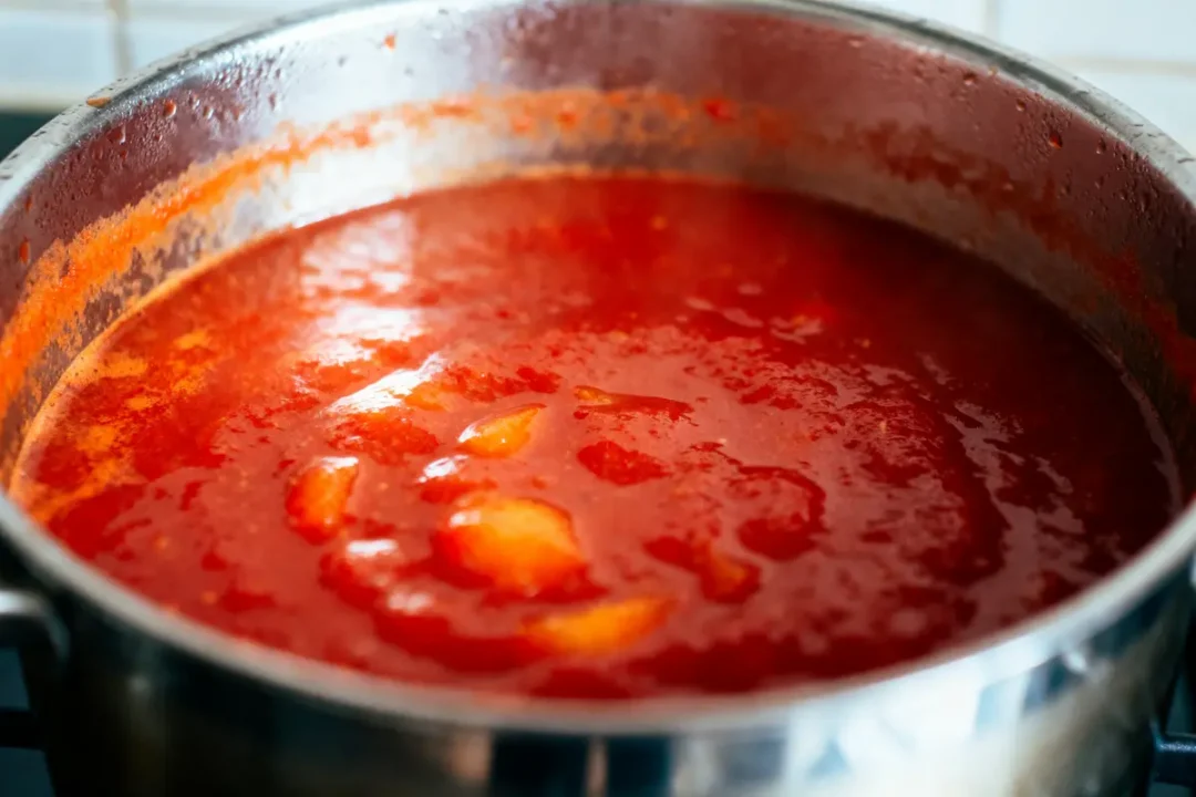 Casserole en métal contenant une sauce tomate rouge mijotant, avec morceaux visibles, sur cuisinière.
