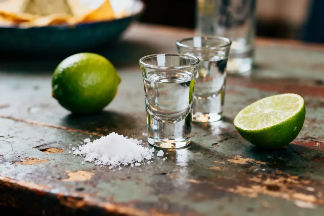 Deux verres de tequila avec sel, citrons verts sur table en bois rustique.