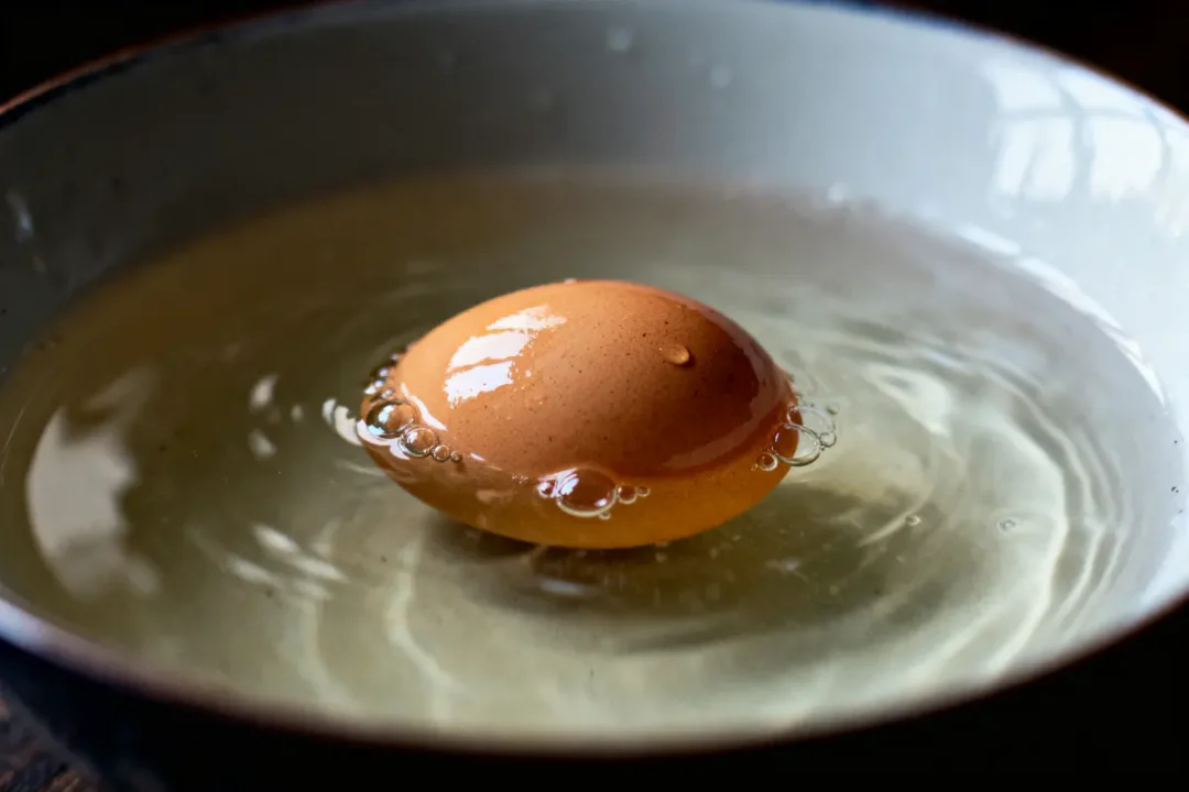 Oeuf flottant dans un bol d'eau, entouré de petites bulles.