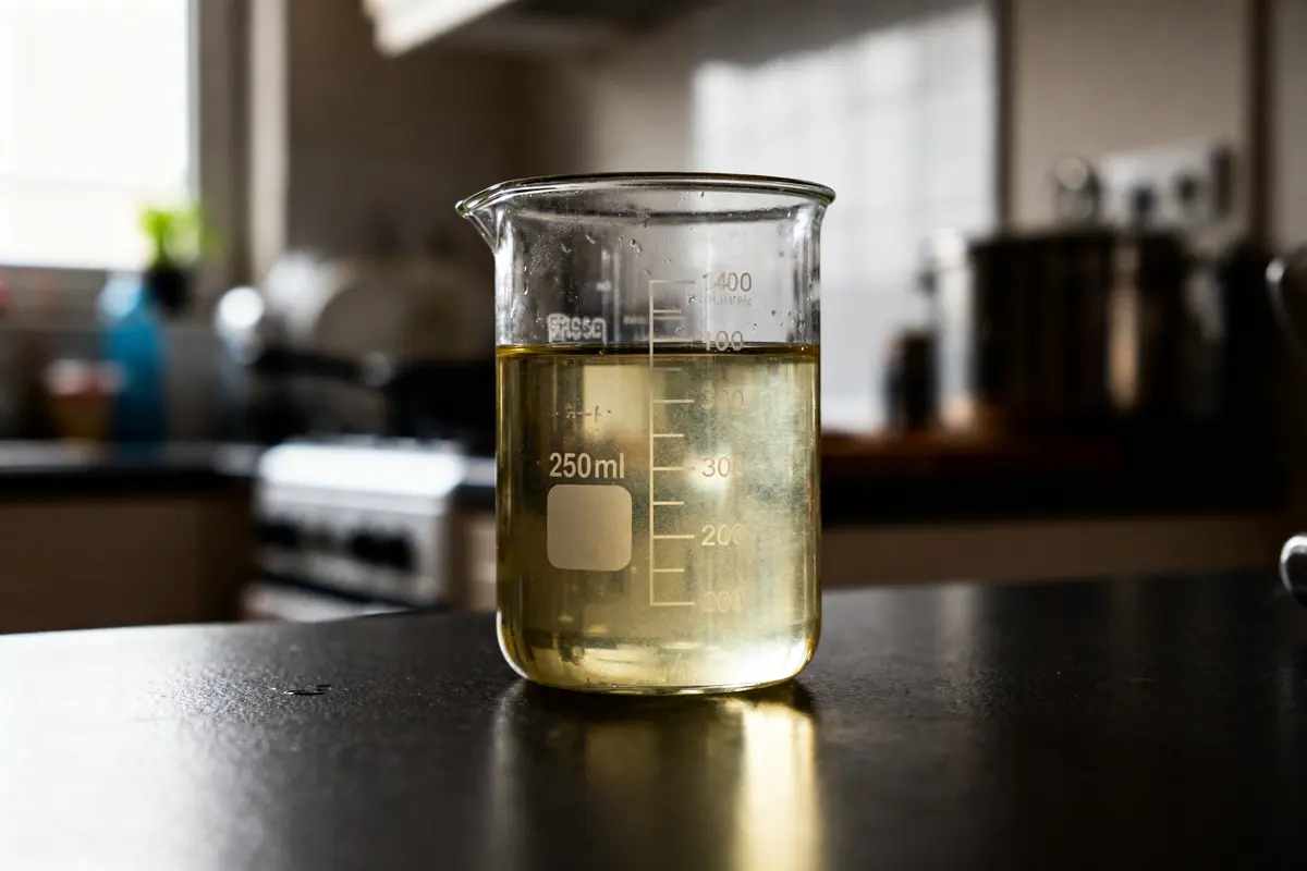 Becher avec liquide mesuré à 25 cl en ml dans une cuisine éclairée par le soleil