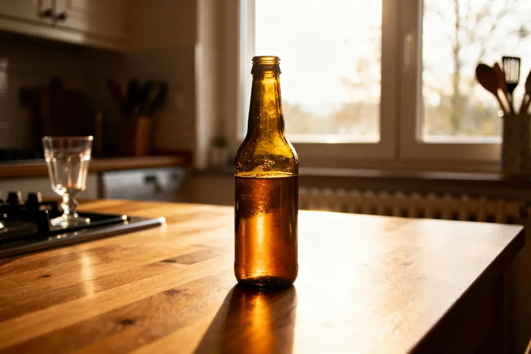 Bouteille de bière sur table de cuisine ensoleillée convertie de 33 cl en ml