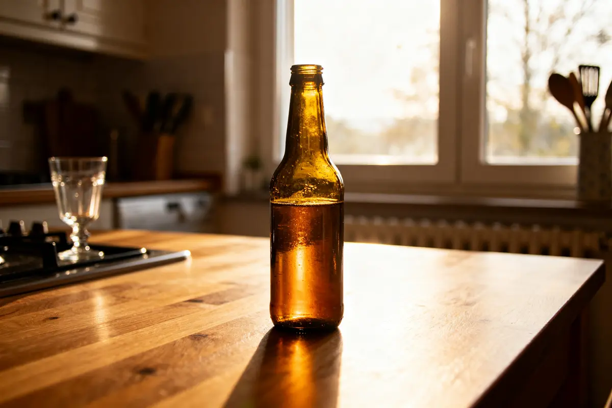 Bouteille de bière sur table de cuisine ensoleillée convertie de 33 cl en ml