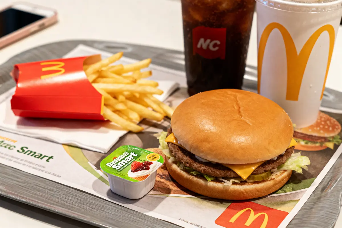 Menu Mc Smart avec burger, frites, soda et dessert Belcube Smart sur plateau McDonald's