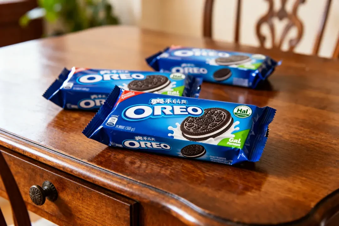 Paquets d'Oreo halal sur une table en bois, étiquettes en différentes langues