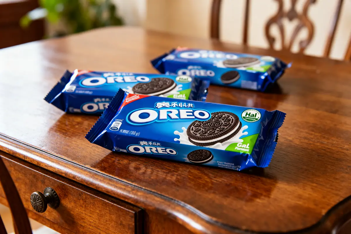 Paquets d'Oreo halal sur une table en bois, étiquettes en différentes langues