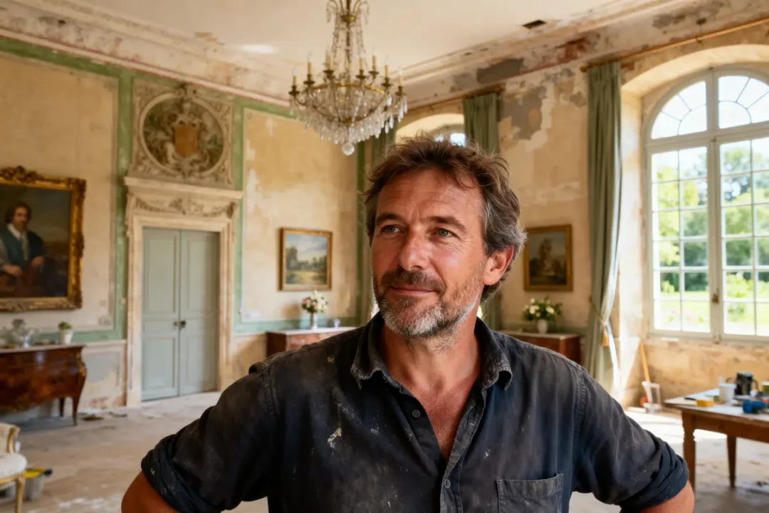 Homme dans une salle rénovée, évoquant Rénovation XXL que sont-ils devenus, ambiance élégante.