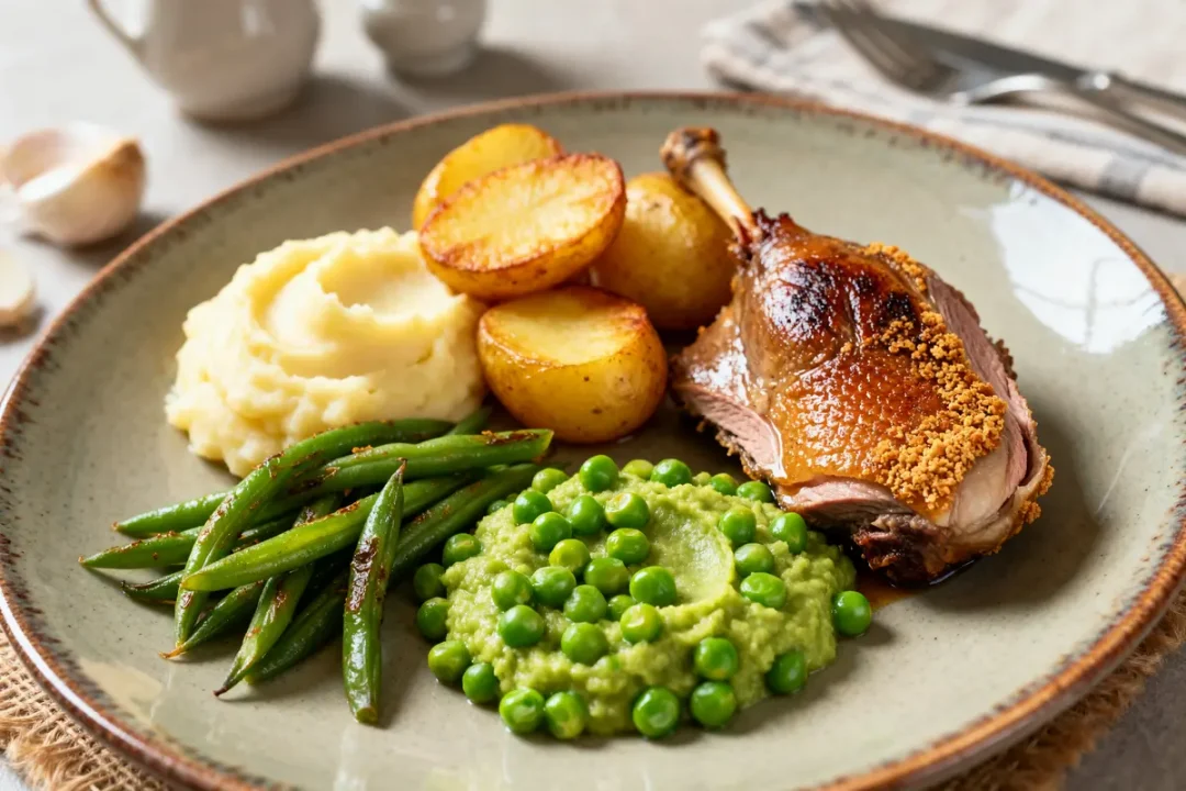 Assiette avec accompagnement du magret de canard, pommes de terre, haricots verts et purée de petits pois