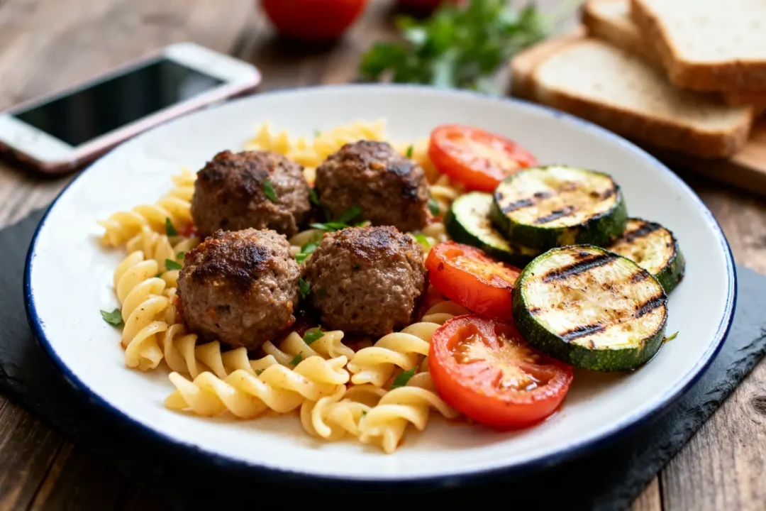 Assiette de boulettes de viande avec pâtes, tomates et courgettes, accompagnement pour boulettes de viande