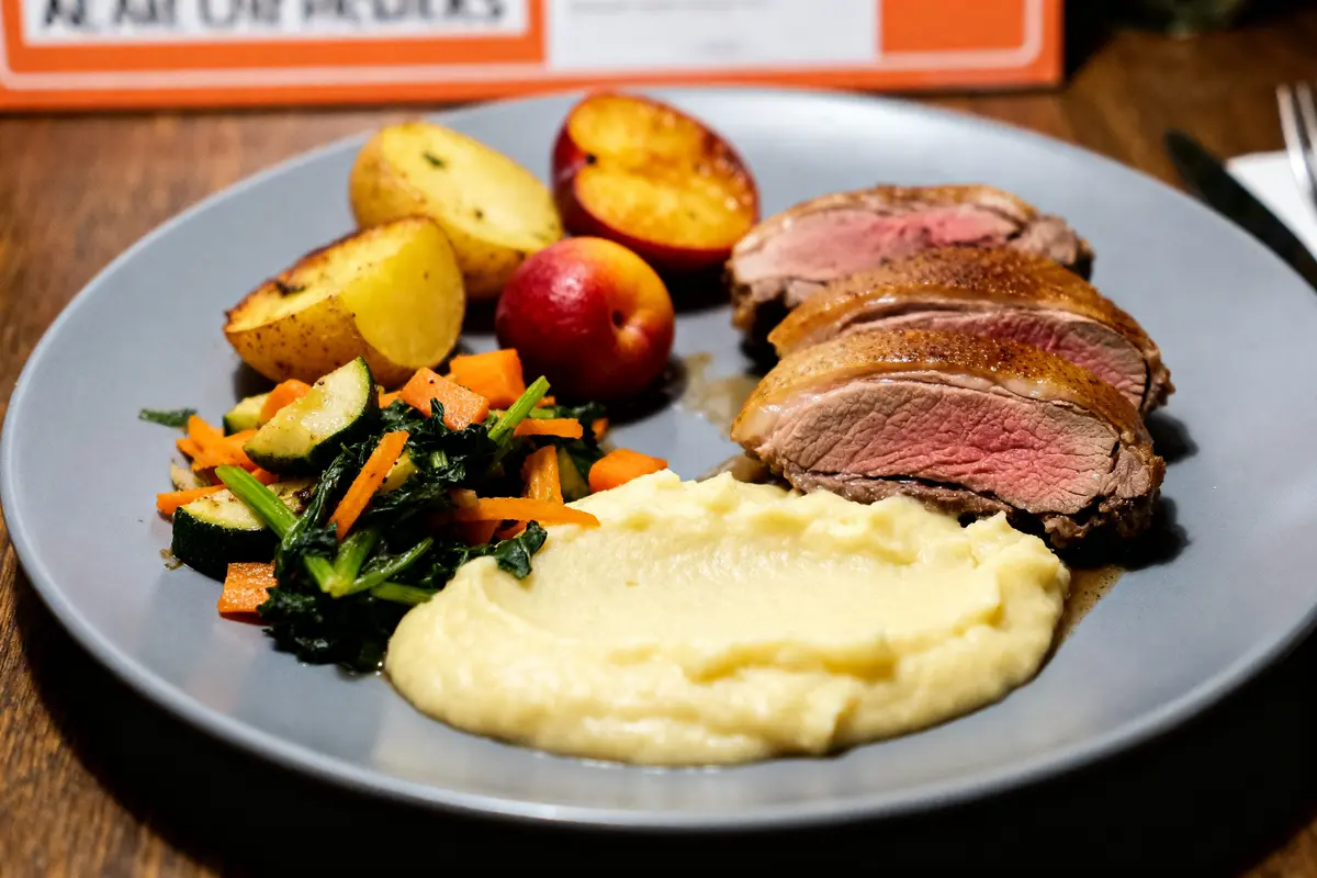 Tranches de magret de canard avec purée, légumes sautés et pommes de terre rôties.