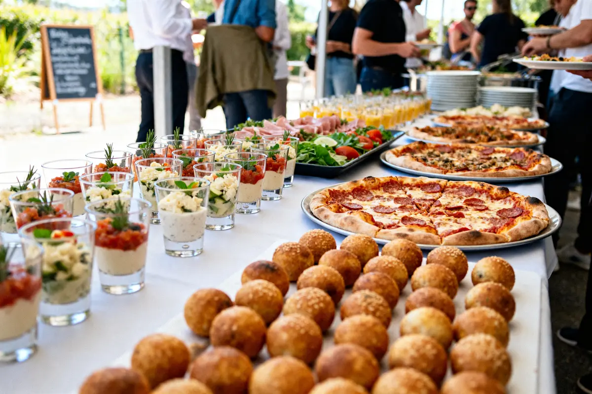 Buffet varié avec pizzas et verrines pour apéritif dînatoire en plein air.