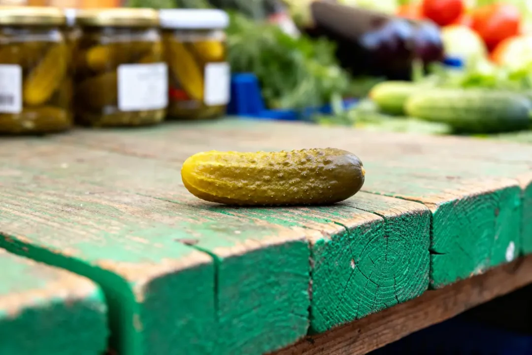 Cornichon sur table de marché en bois mettant en avant le bienfait du cornichon