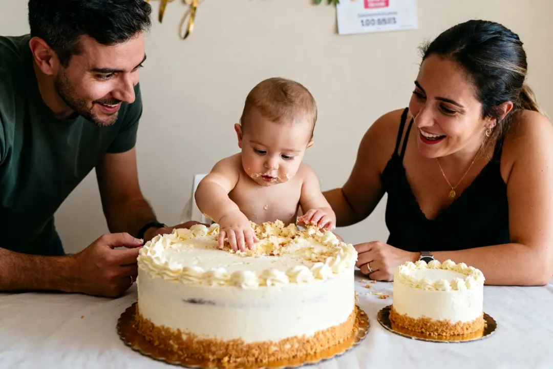Bébé mange joyeusement un cake et smash cake entouré de ses parents heureux.