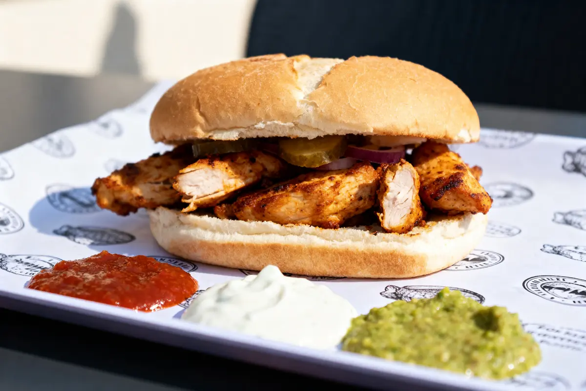 Sandwich au poulet kebab avec sauces, parfaite pour connaître la calorie d'un kebab