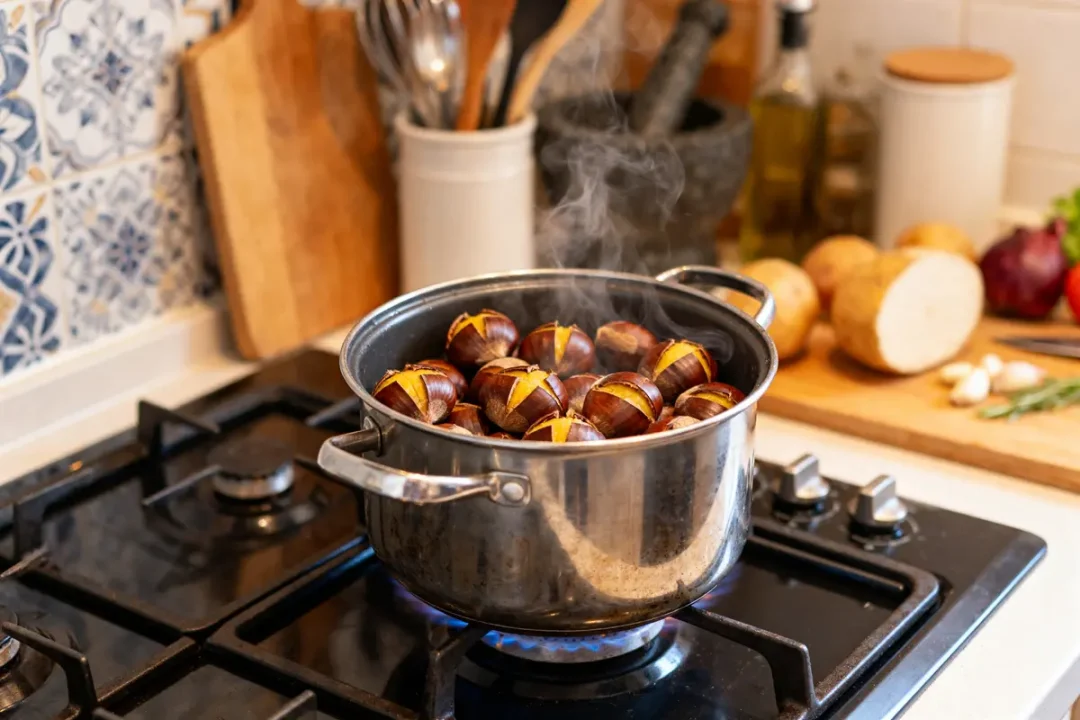 Cuisson des châtaignes à l'eau à la cocotte minute sur une cuisinière en cuisine