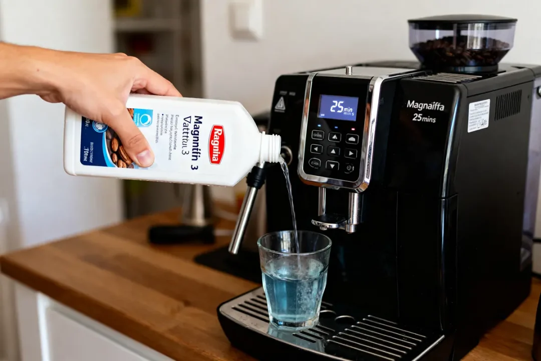 Main versant liquide pour détartrer une Magnifica S dans la cuisine d'un utilisateur