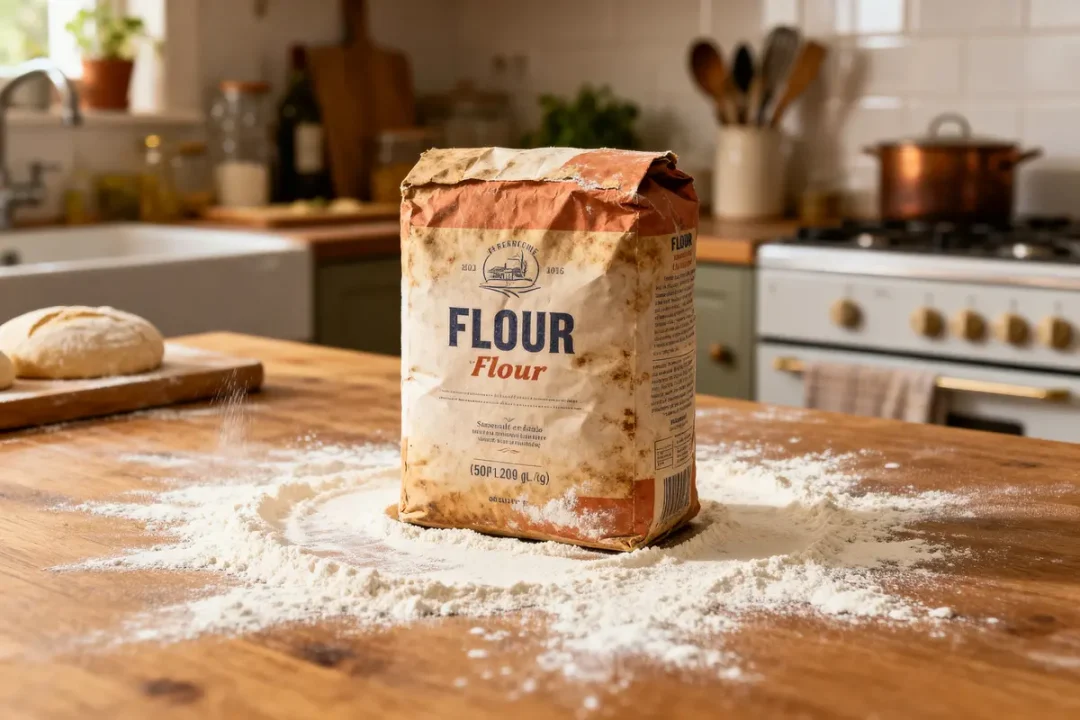 Paquet de farine périmée posé sur un plan de travail en bois dans une cuisine