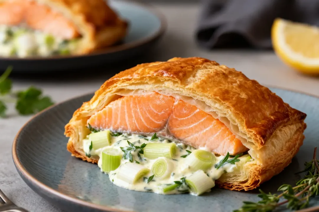 Feuilleté au saumon sur assiette avec garniture de crème et poireaux frais