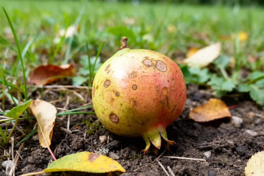 Grenade mûre posée au sol parmi les feuilles, fruit commençant par e.