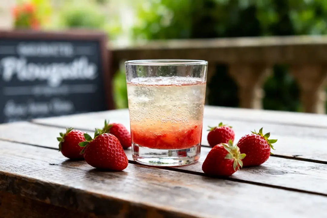 Verre de godinette pétillante décoré de fraises fraîches sur une table en bois rustique